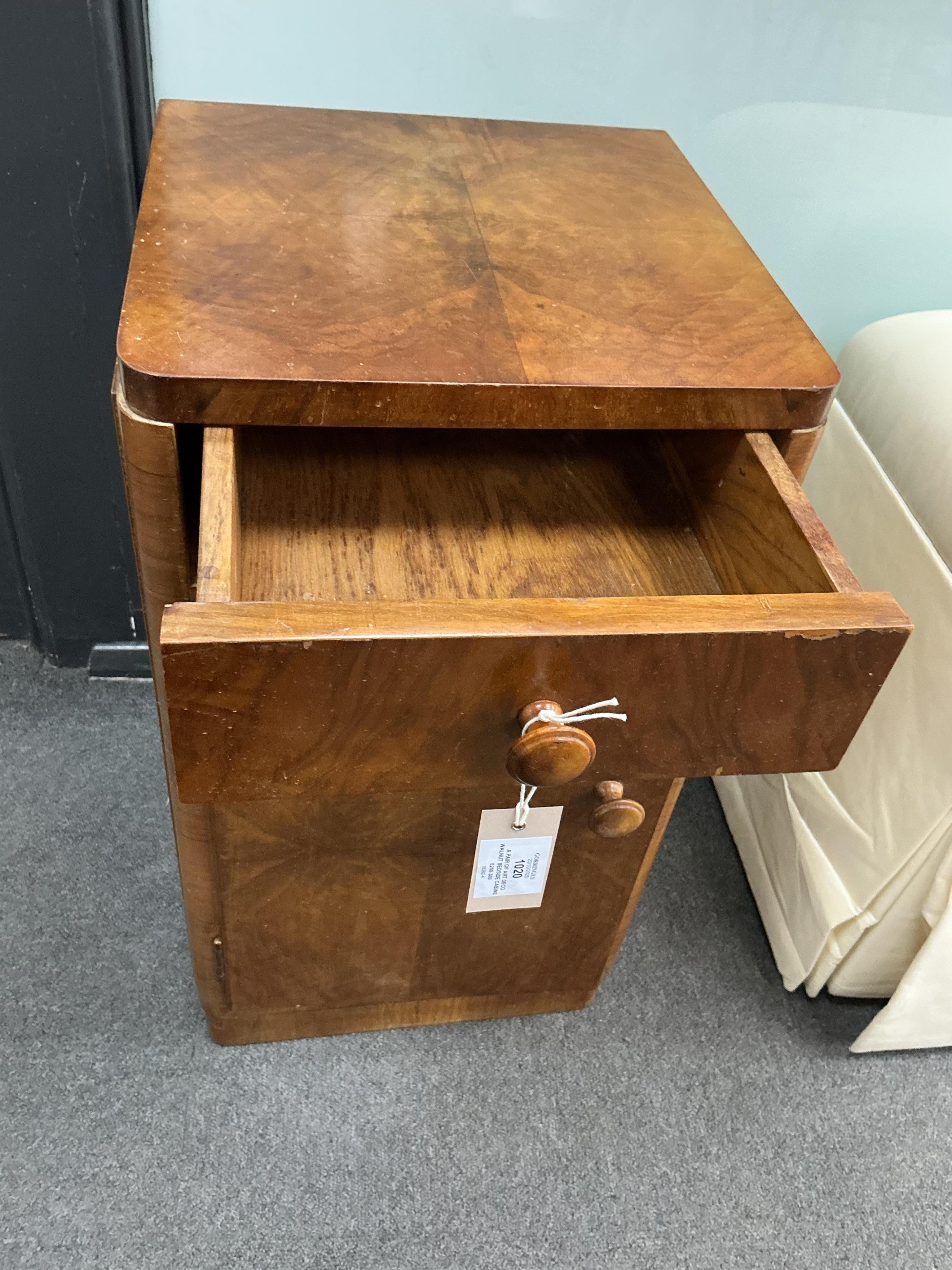 A pair of Art Deco walnut bedside cabinets width 33cm, depth 33cm, height 60cm